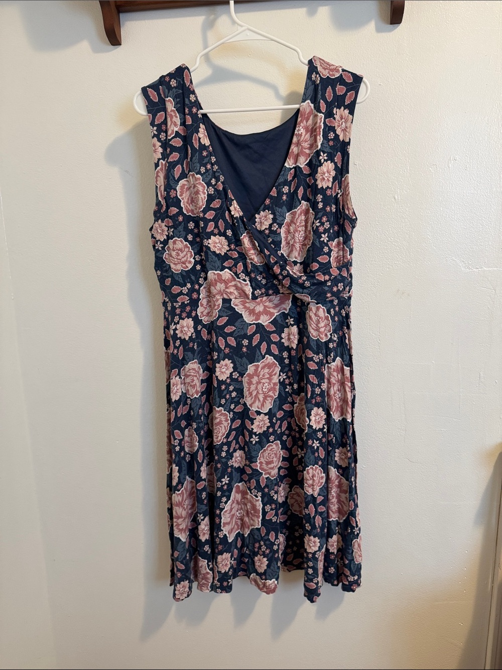 Sleeveless Navy Dress with Pink Floral Print